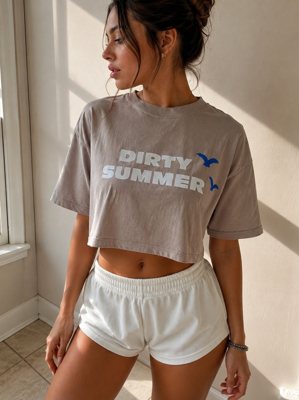 'Dirty Summer' Cropped Tee with Blue Bird Graphic